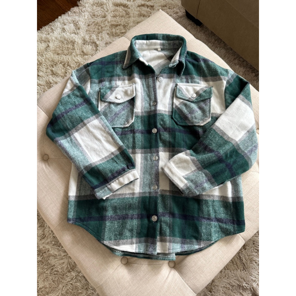 Women's Green White Plaid Utility Jacket L